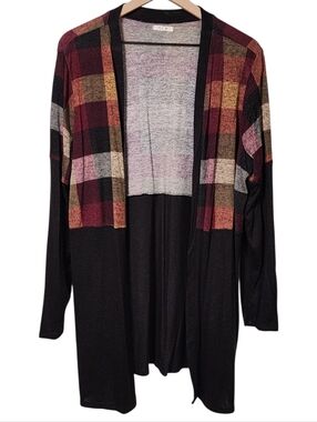 Maurices Womens Large Plaid Colorblock Mixer Open Front Midi Length Cardigan